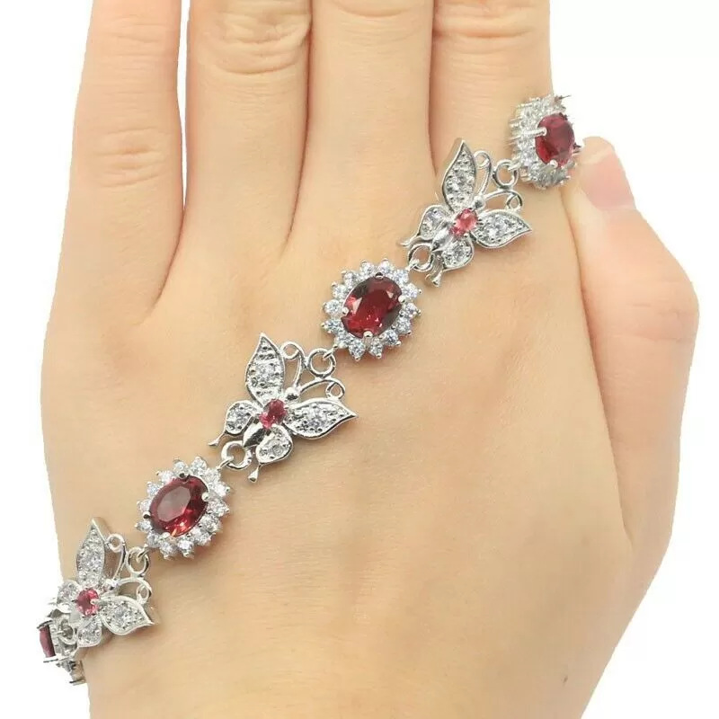 18k White Gold Plated Raspberry Rhodolite Garnet Butterfly Tennis Bracelet