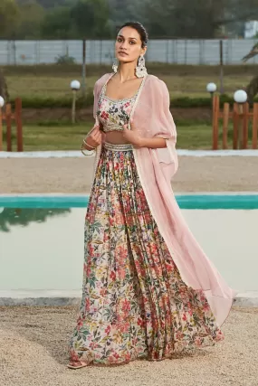 50Z903-RO Pink Floral Sharara Set With Cape