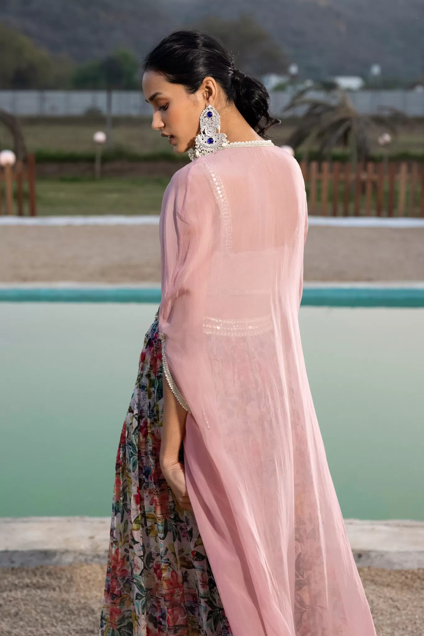 50Z903-RO Pink Floral Sharara Set With Cape