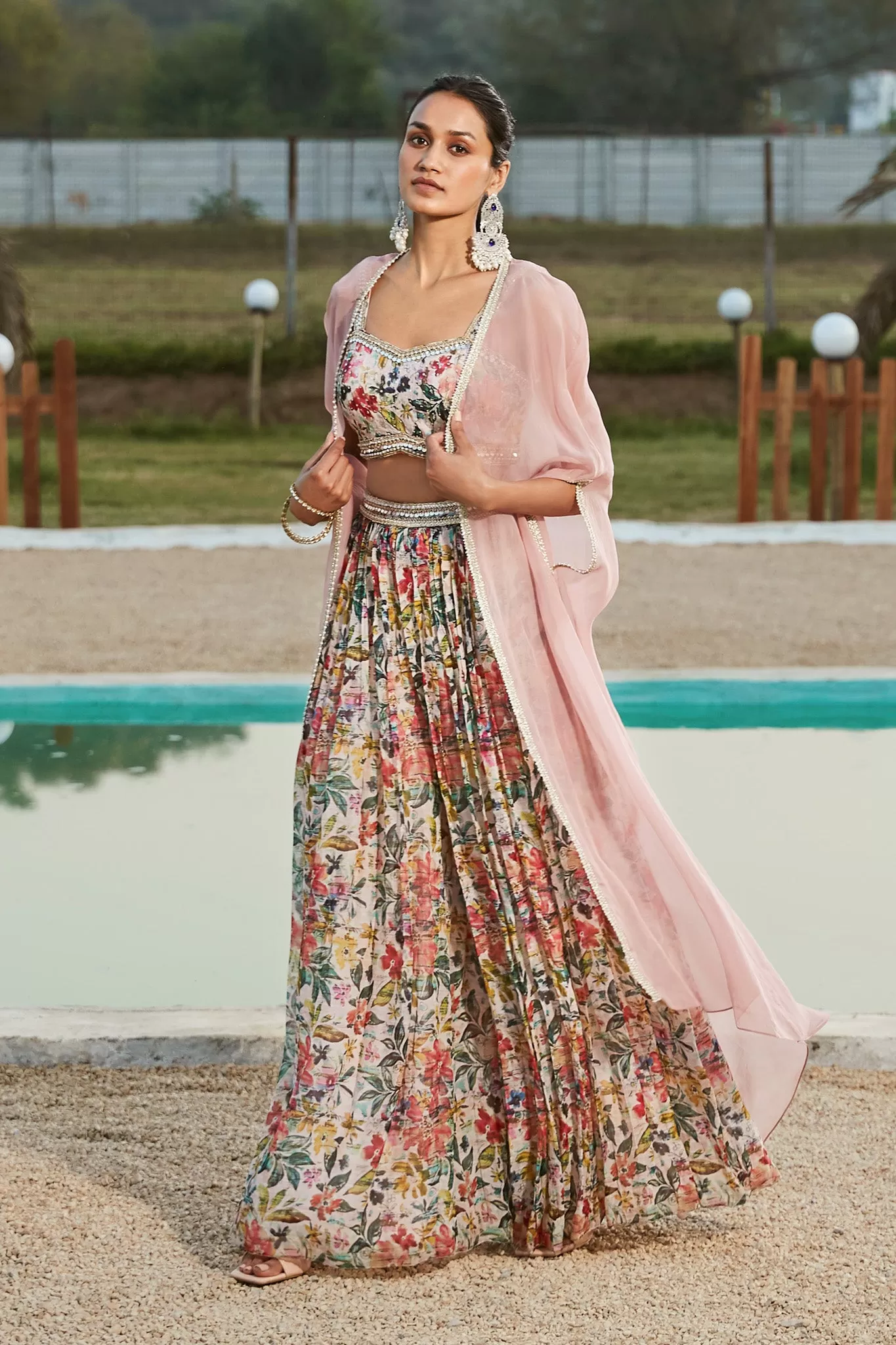 50Z903-RO Pink Floral Sharara Set With Cape