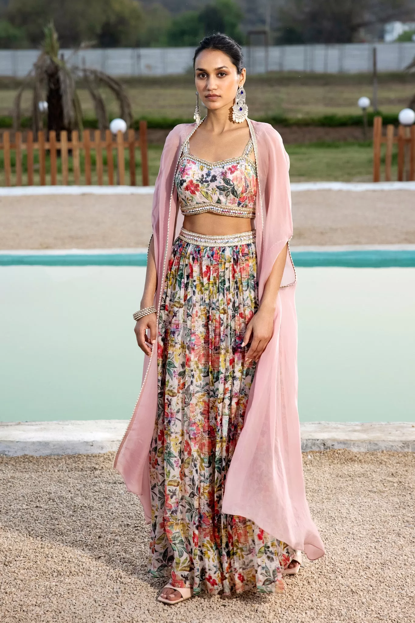 50Z903-RO Pink Floral Sharara Set With Cape