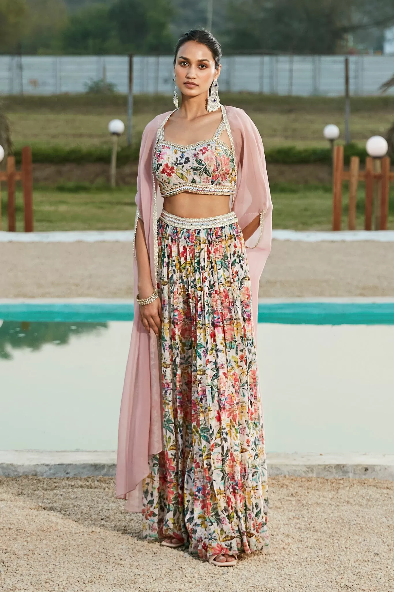 50Z903-RO Pink Floral Sharara Set With Cape