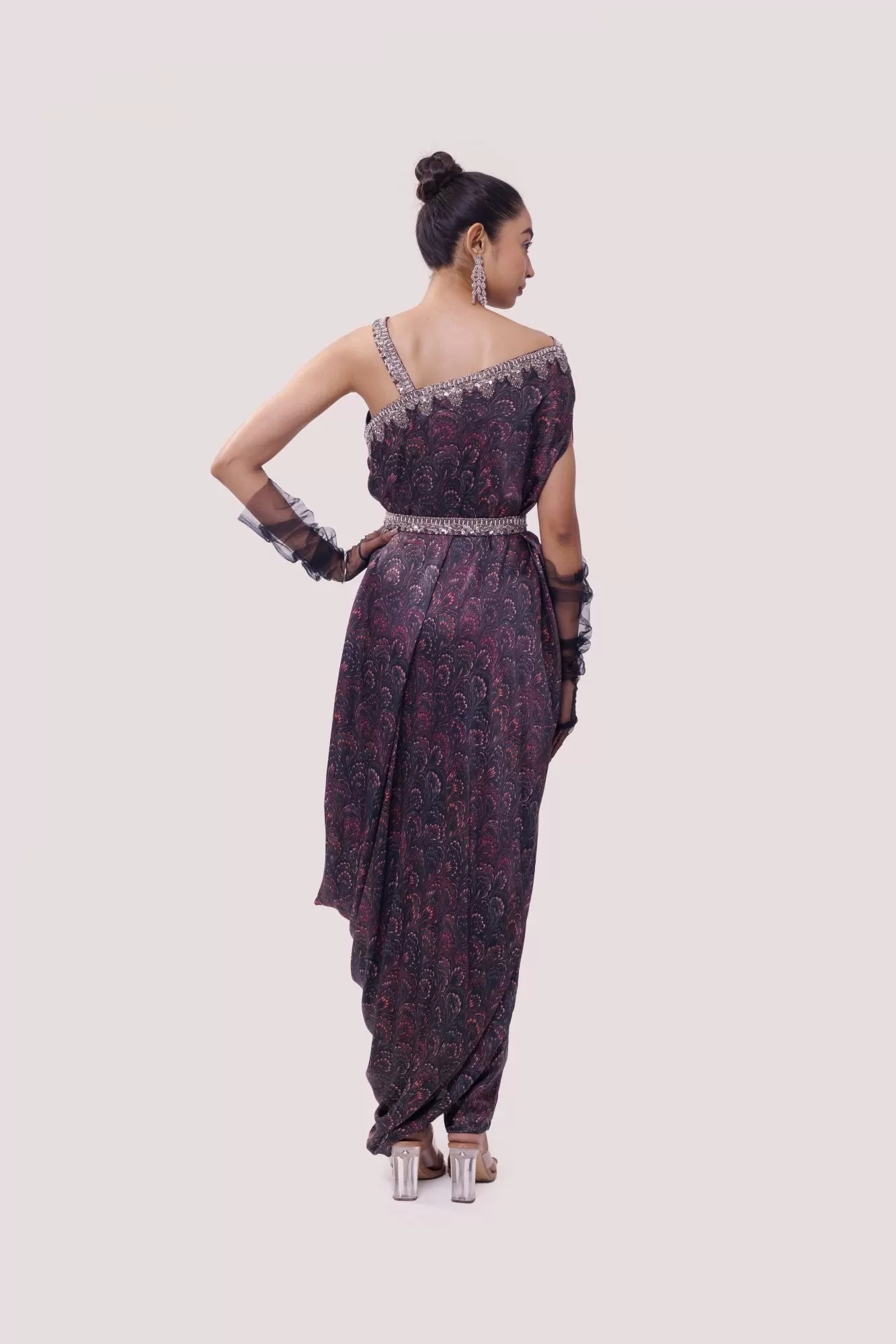 50Z983-RO Black Satin Printed Faux Draped Kurta Set