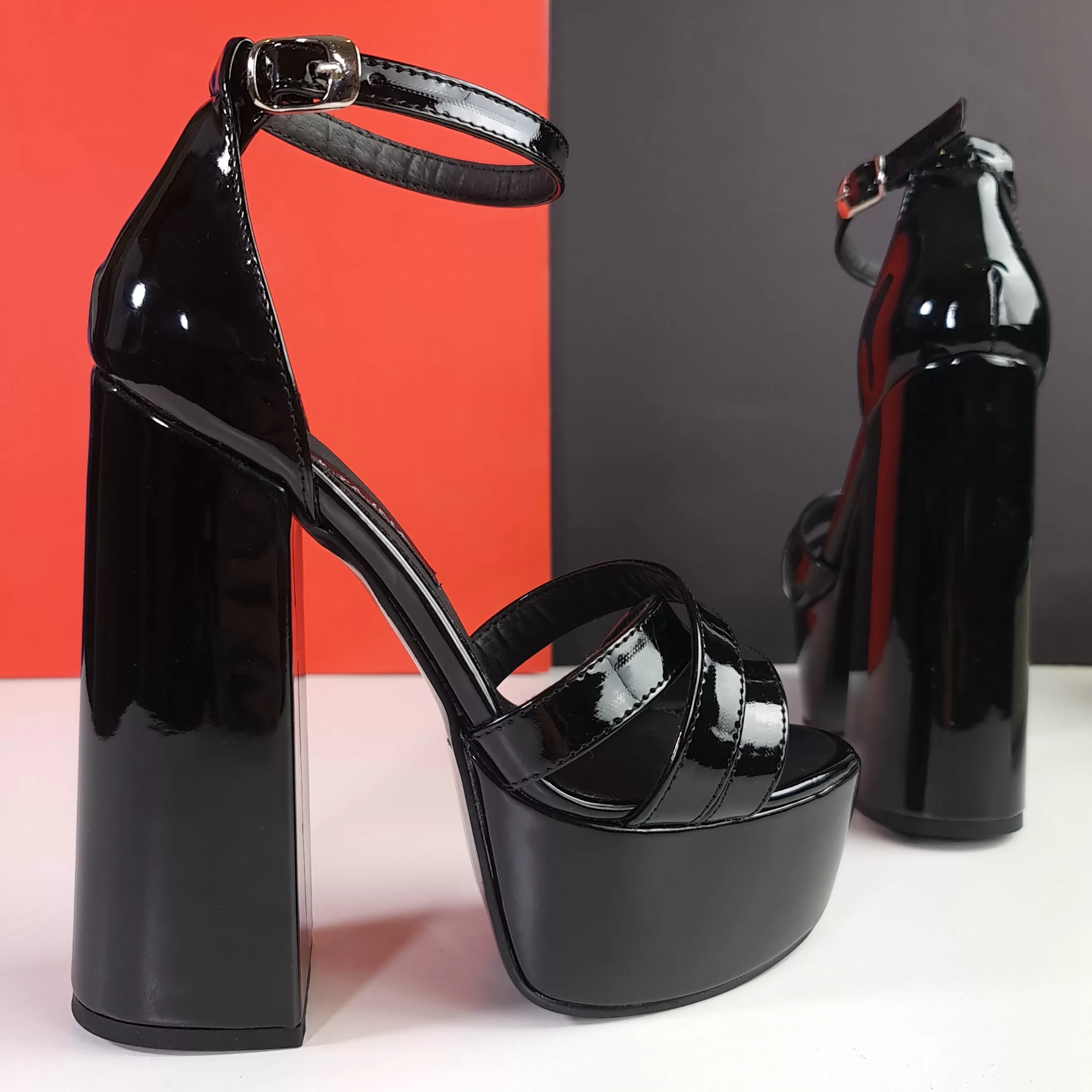 Block Chunky Black Gloss High Heel Sandals