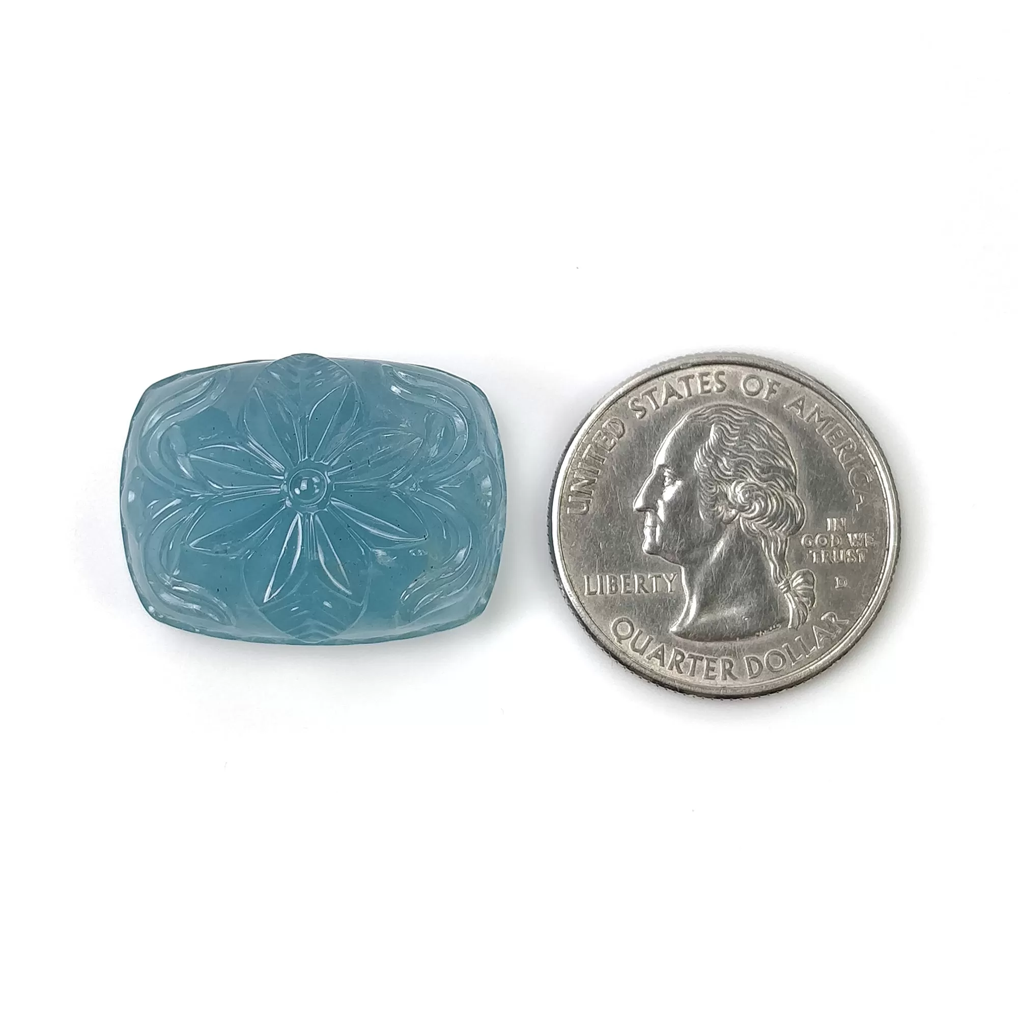 BLUE AQUAMARINE Gemstone Carving  : 46.50cts Natural Untreated Aqua Both Side Hand Carved Cushion Shape 26.5*20mm