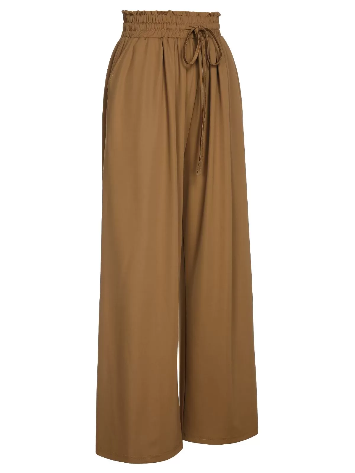 Brown 1930s Solid Shirred Waist Straight Pants