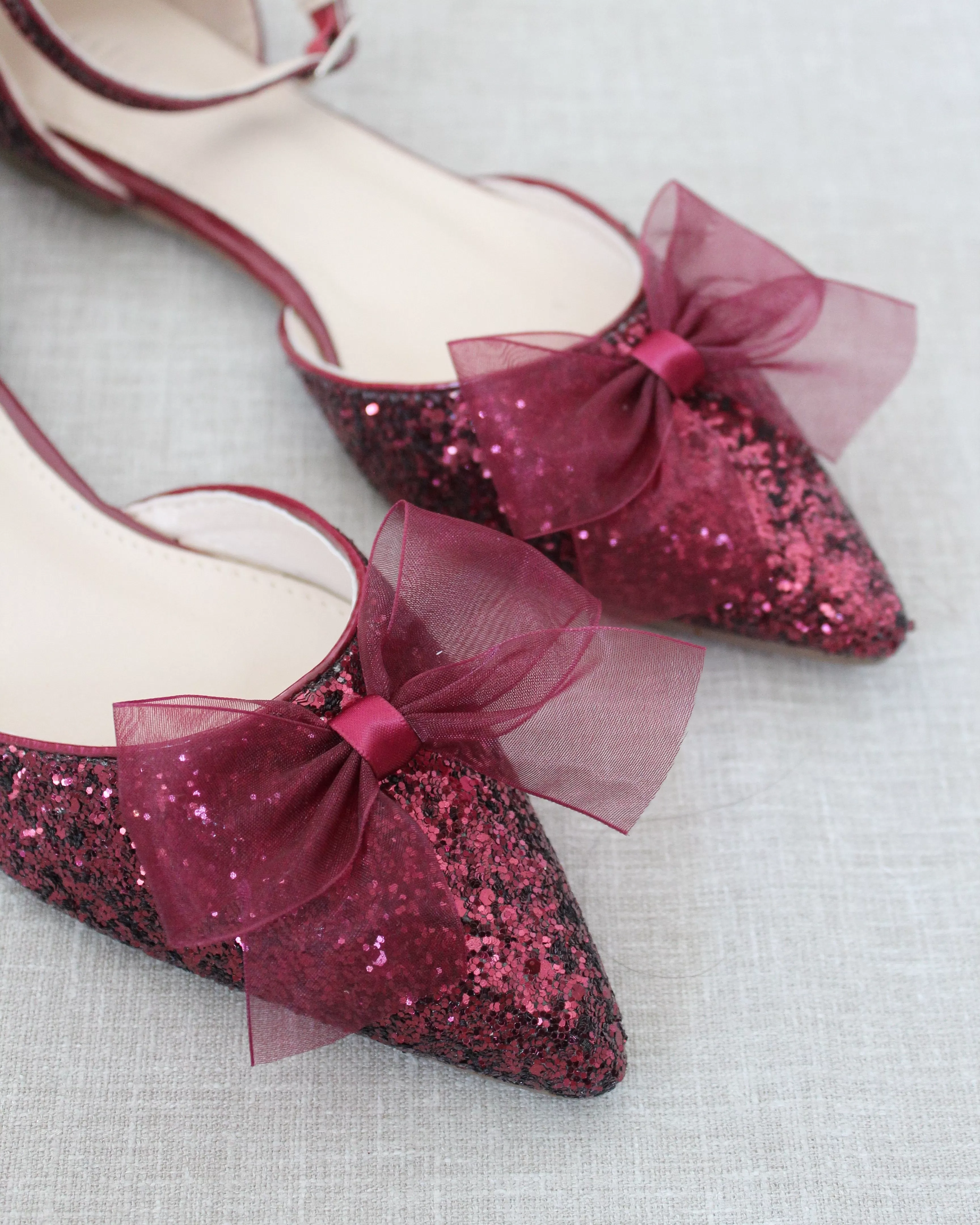 Burgundy Rock Glitter Pointy Toe Flats with Organza Bow