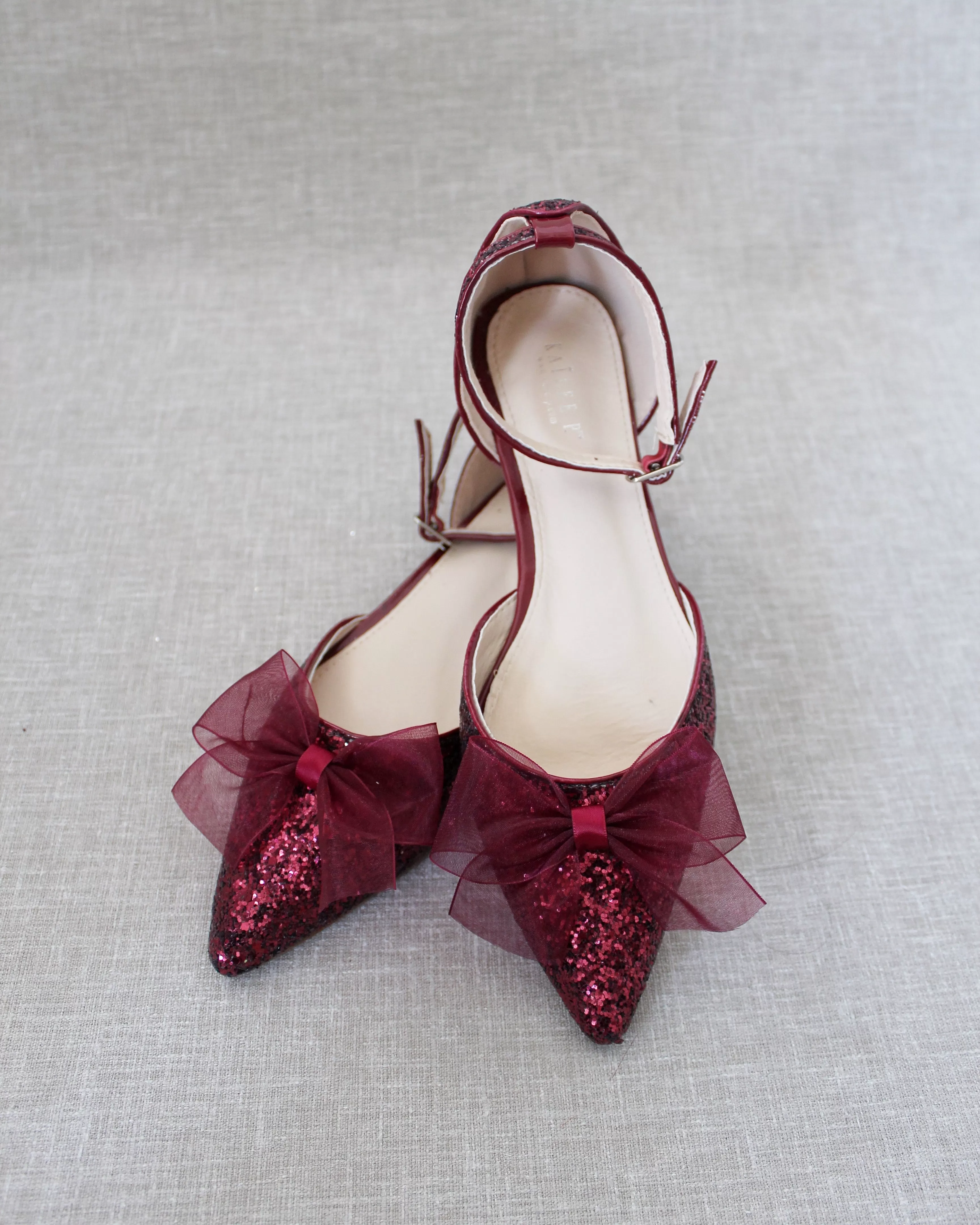 Burgundy Rock Glitter Pointy Toe Flats with Organza Bow