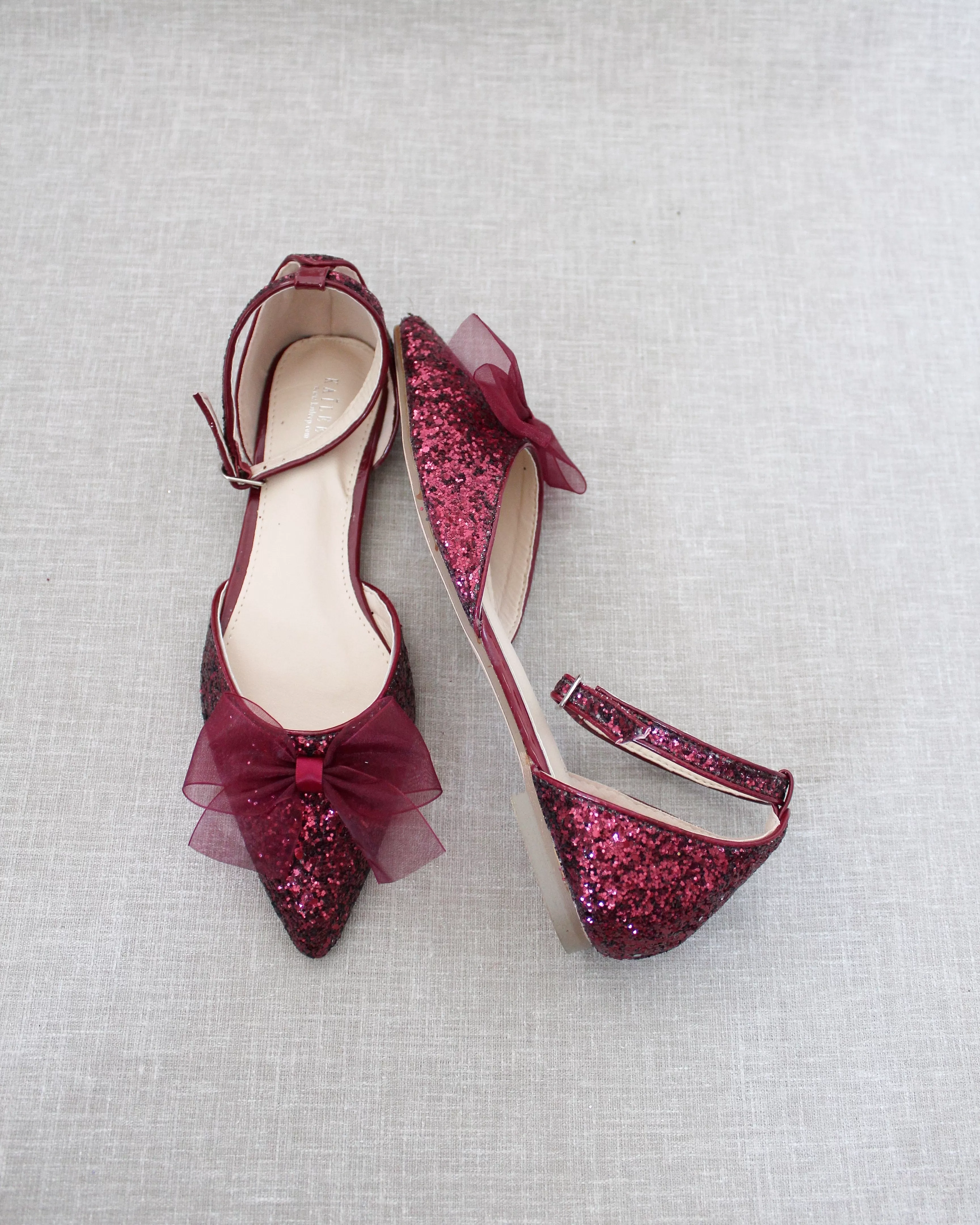 Burgundy Rock Glitter Pointy Toe Flats with Organza Bow