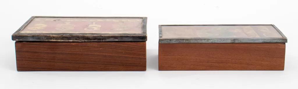 Chimu Textile Mounted Silver and Rosewood Boxes, Pair