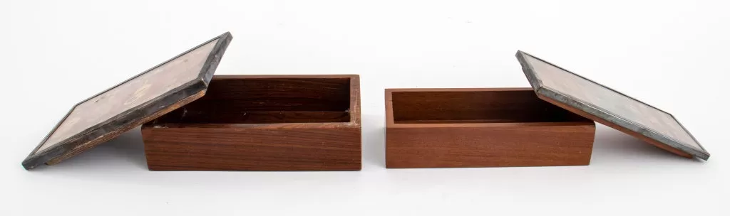 Chimu Textile Mounted Silver and Rosewood Boxes, Pair