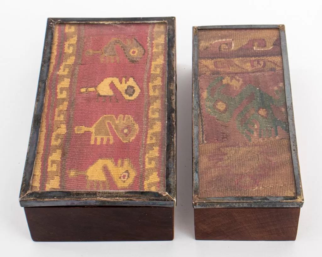 Chimu Textile Mounted Silver and Rosewood Boxes, Pair