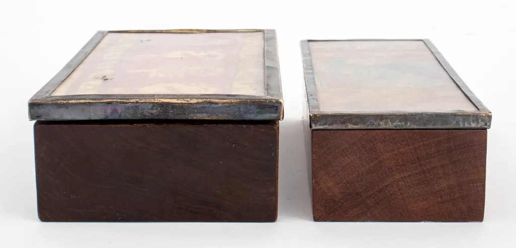 Chimu Textile Mounted Silver and Rosewood Boxes, Pair