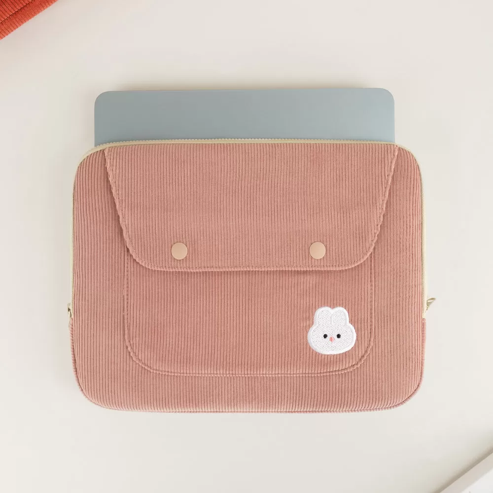 Cute Embroidery Bear Bunny Rabbit Corduroy Laptop Sleeves iPad 11 13 15 Cases Skins Protective Covers Purses Handbags Square Pouches School Collage Office