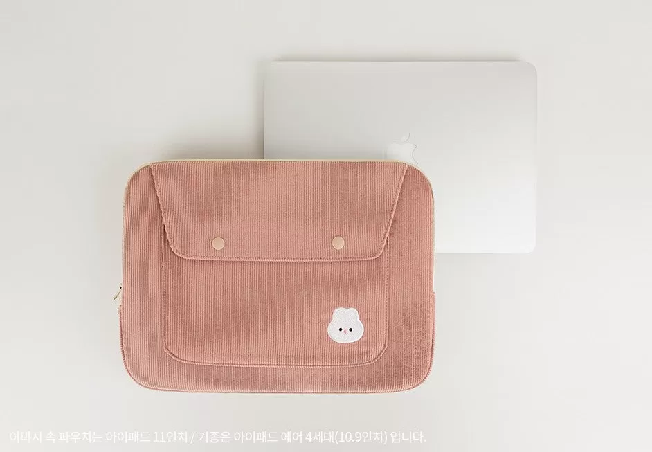 Cute Embroidery Bear Bunny Rabbit Corduroy Laptop Sleeves iPad 11 13 15 Cases Skins Protective Covers Purses Handbags Square Pouches School Collage Office