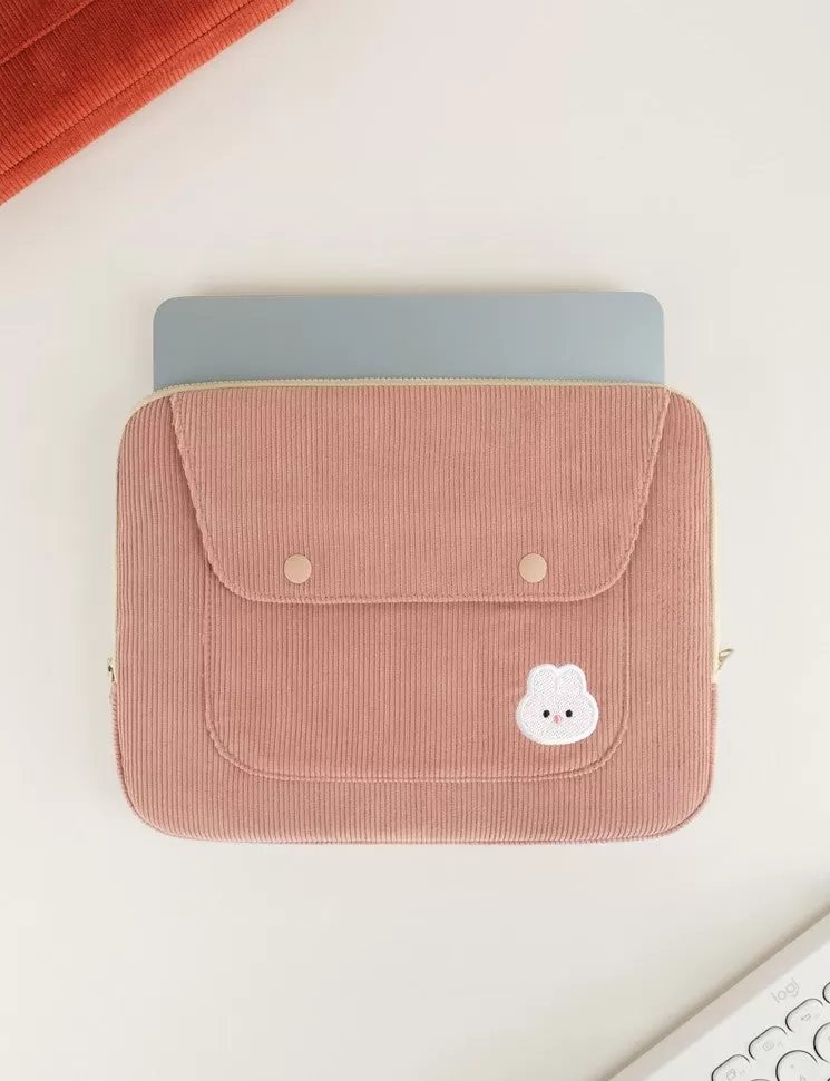 Cute Embroidery Bear Bunny Rabbit Corduroy Laptop Sleeves iPad 11 13 15 Cases Skins Protective Covers Purses Handbags Square Pouches School Collage Office