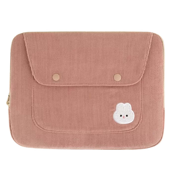 Cute Embroidery Bear Bunny Rabbit Corduroy Laptop Sleeves iPad 11 13 15 Cases Skins Protective Covers Purses Handbags Square Pouches School Collage Office