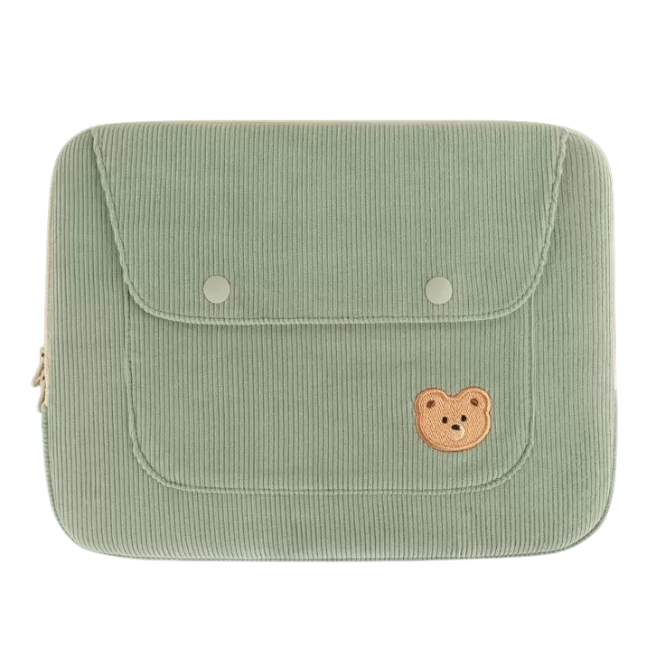 Cute Embroidery Bear Bunny Rabbit Corduroy Laptop Sleeves iPad 11 13 15 Cases Skins Protective Covers Purses Handbags Square Pouches School Collage Office