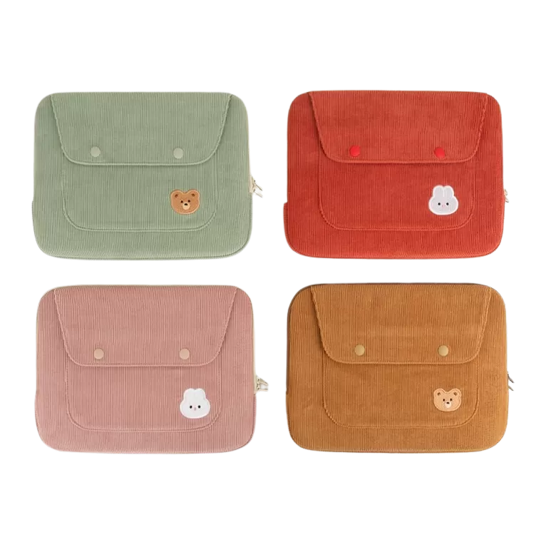 Cute Embroidery Bear Bunny Rabbit Corduroy Laptop Sleeves iPad 11 13 15 Cases Skins Protective Covers Purses Handbags Square Pouches School Collage Office