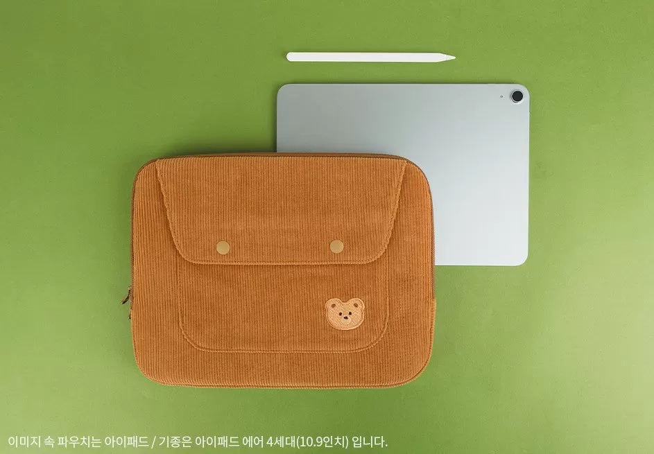 Cute Embroidery Bear Bunny Rabbit Corduroy Laptop Sleeves iPad 11 13 15 Cases Skins Protective Covers Purses Handbags Square Pouches School Collage Office