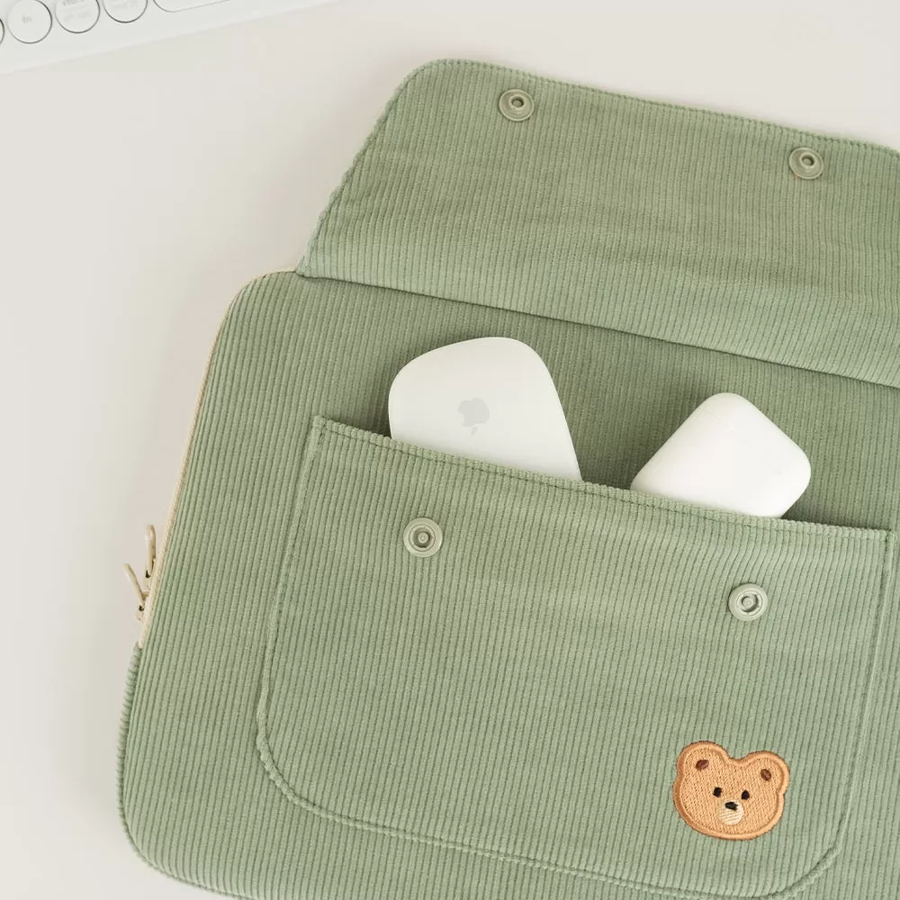 Cute Embroidery Bear Bunny Rabbit Corduroy Laptop Sleeves iPad 11 13 15 Cases Skins Protective Covers Purses Handbags Square Pouches School Collage Office