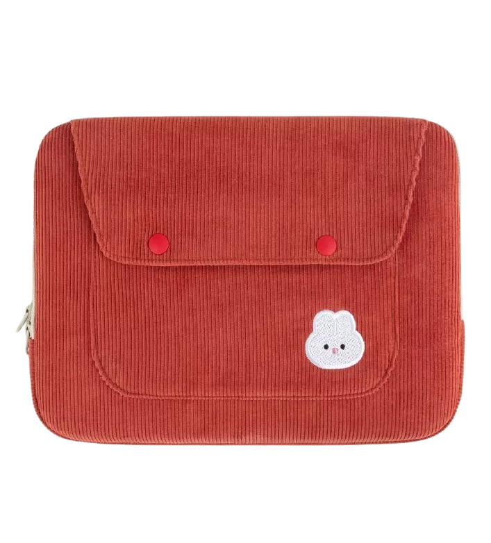 Cute Embroidery Bear Bunny Rabbit Corduroy Laptop Sleeves iPad 11 13 15 Cases Skins Protective Covers Purses Handbags Square Pouches School Collage Office