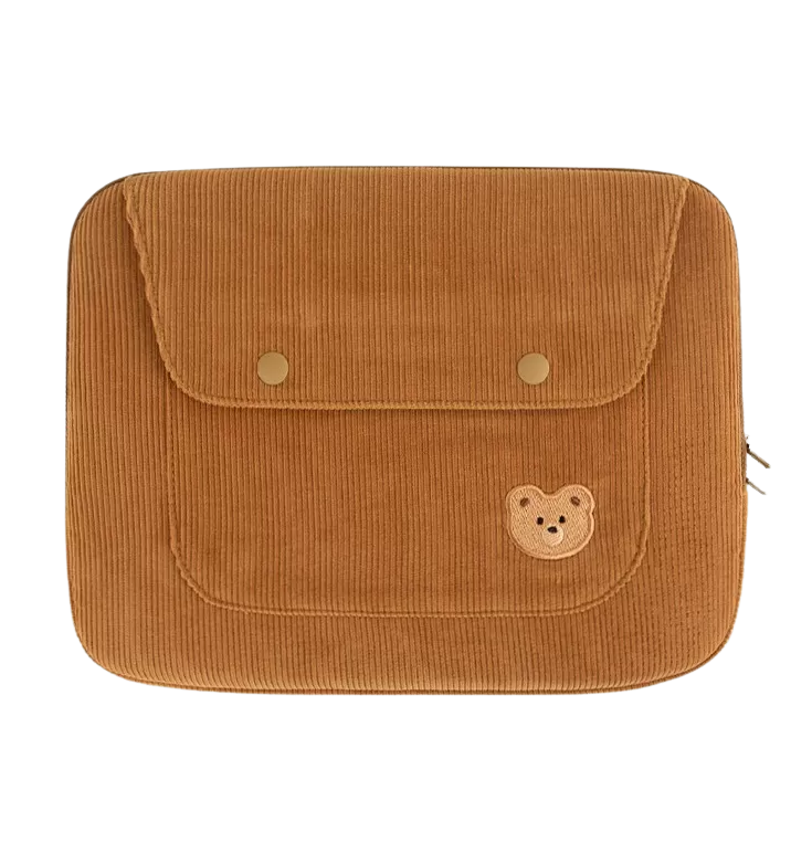 Cute Embroidery Bear Bunny Rabbit Corduroy Laptop Sleeves iPad 11 13 15 Cases Skins Protective Covers Purses Handbags Square Pouches School Collage Office