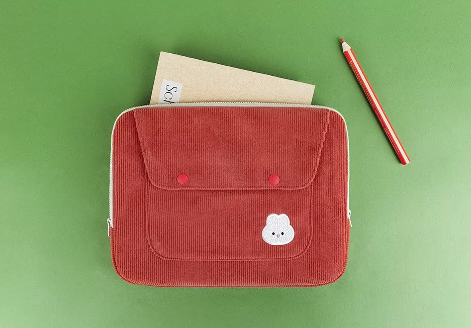 Cute Embroidery Bear Bunny Rabbit Corduroy Laptop Sleeves iPad 11 13 15 Cases Skins Protective Covers Purses Handbags Square Pouches School Collage Office