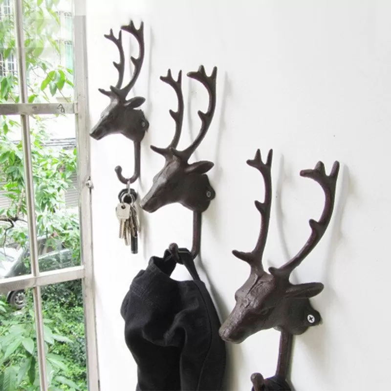 Decorative Deer Head Wall Mount Rack Stylish Cast Iron Hanger Hook