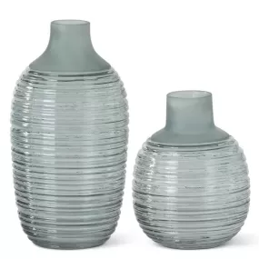 Frosted Sage Green Ribbed Bottle Neck Vase - 11 Inch