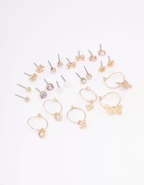 Gold Stone Bow & Floral Earring 12-Pack