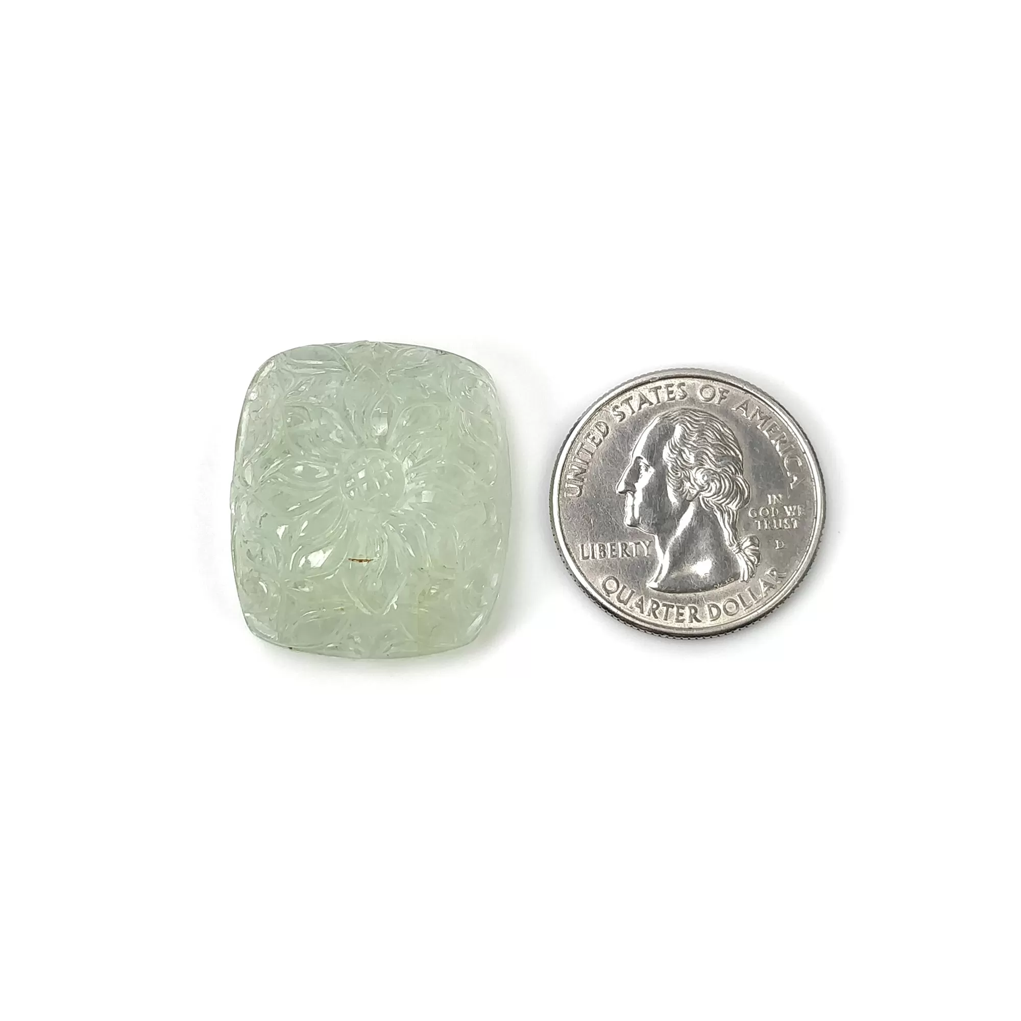 GREEN AQUAMARINE Gemstone Carving : 62.95cts Natural Untreated Aqua Both Side Hand Carved Cushion Shape 28.5*25mm