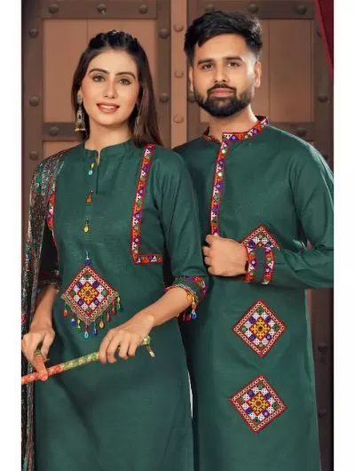 Green Couple Navratri White Kurta Pajama & Dupatta for Men Women