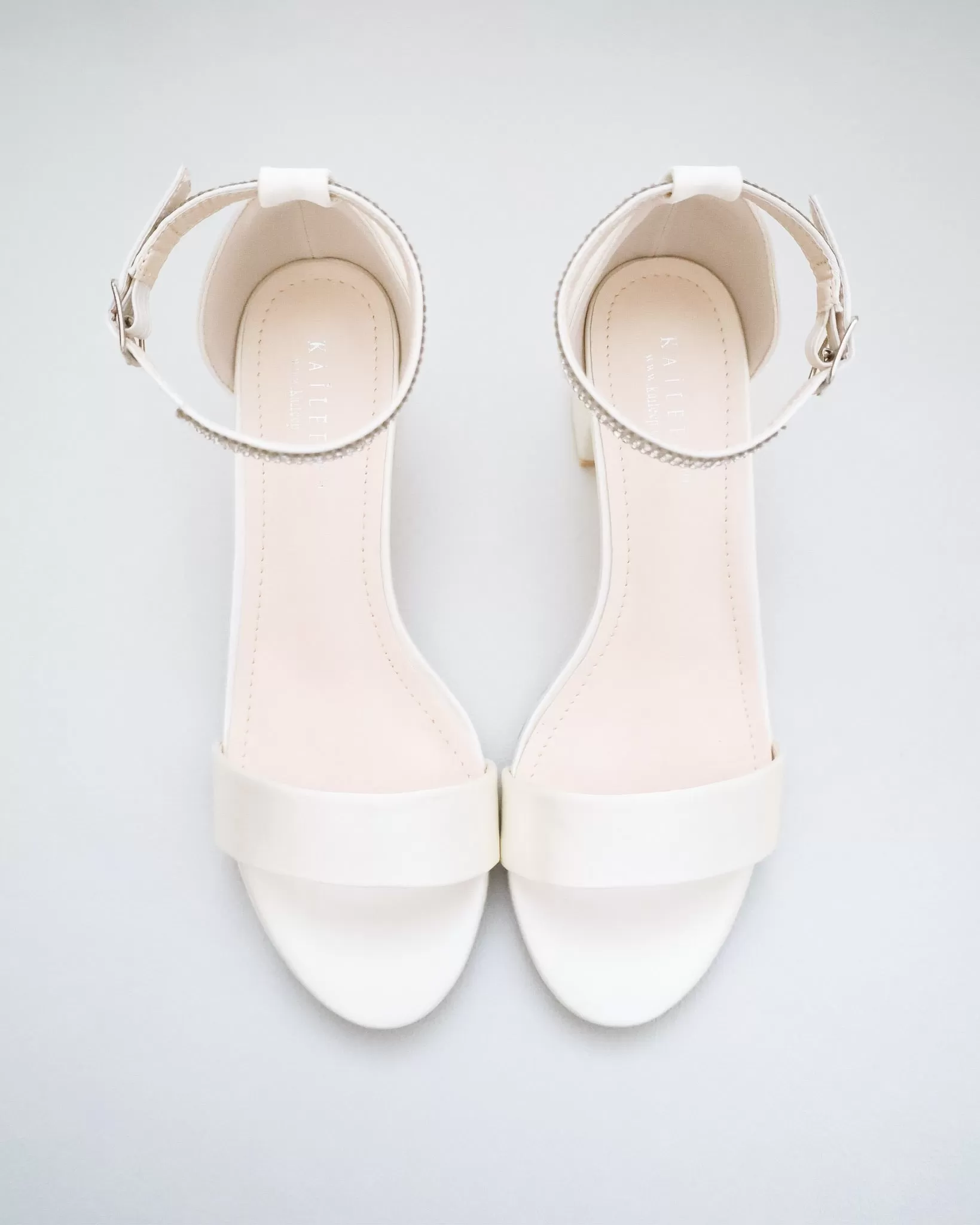 Ivory Satin Block Heel Sandals with Mini Rhinestones Embellished Ankle Strap