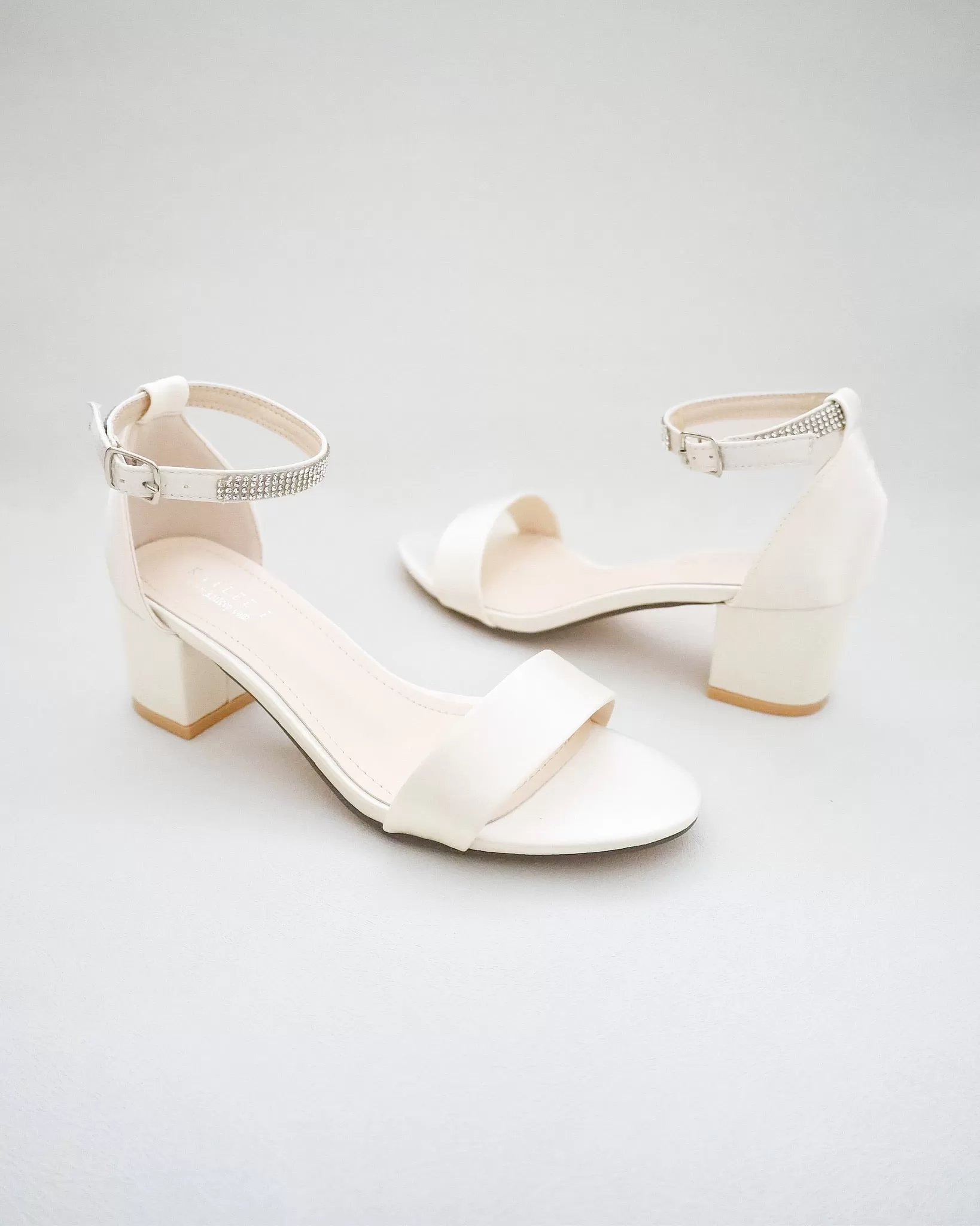 Ivory Satin Block Heel Sandals with Mini Rhinestones Embellished Ankle Strap