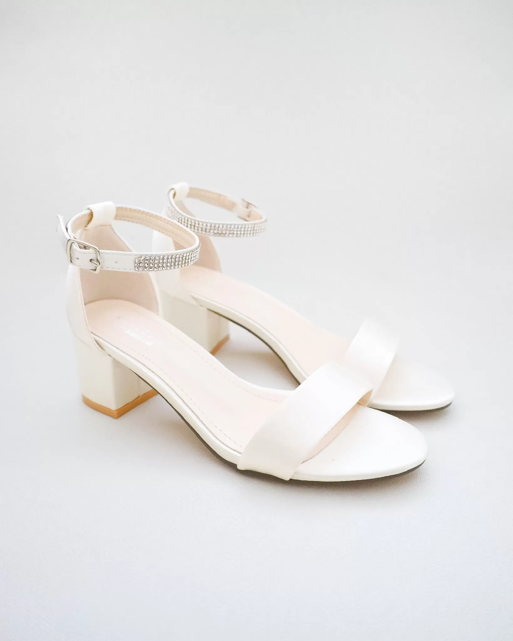 Ivory Satin Block Heel Sandals with Mini Rhinestones Embellished Ankle Strap