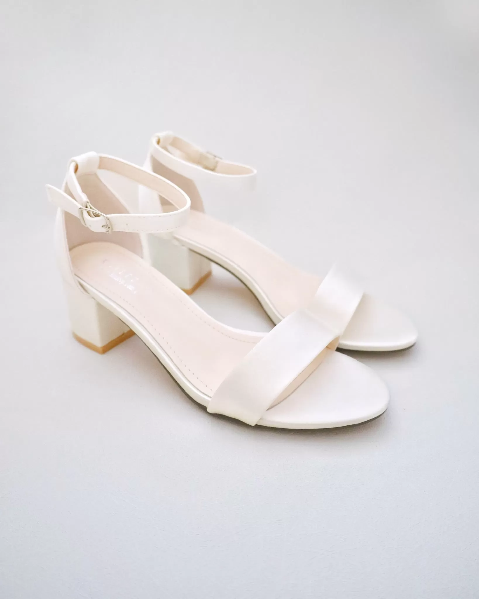 Ivory Satin Block Heel Sandals with Mini Rhinestones Embellished Ankle Strap