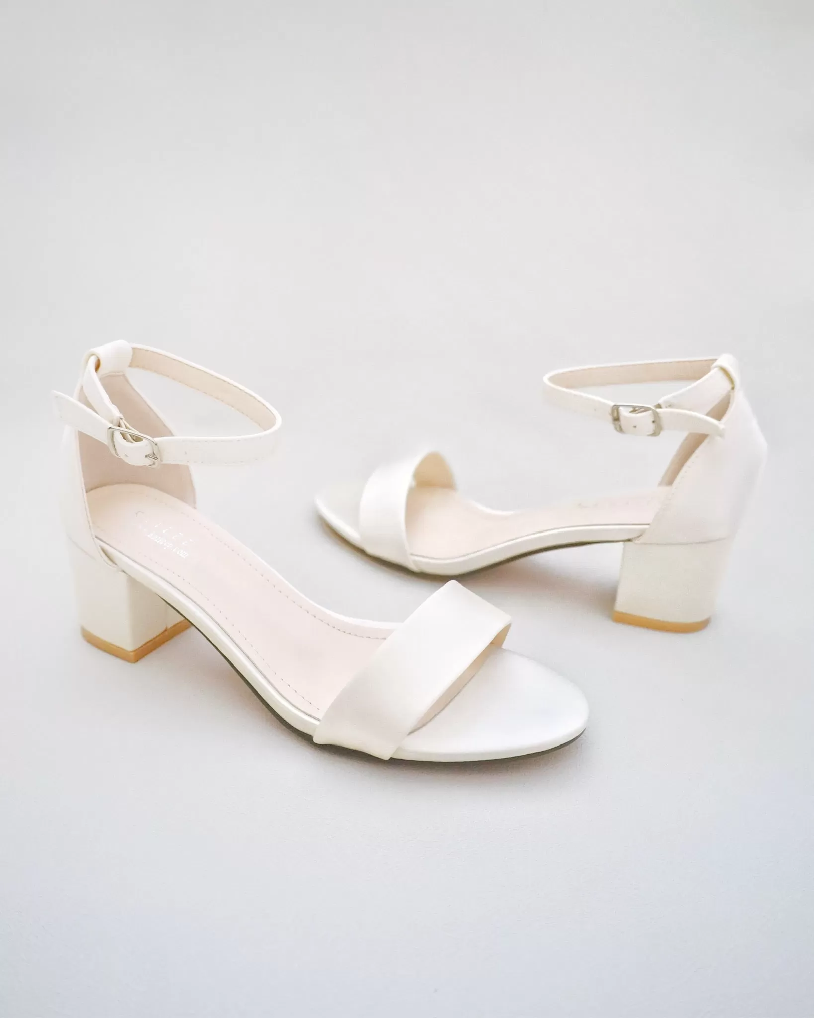 Ivory Satin Block Heel Sandals with Mini Rhinestones Embellished Ankle Strap