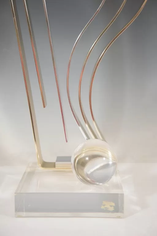 Kinetic Flame Sculpture in Brass and Chrome on Lucite Base by Dan Murphy, Signed