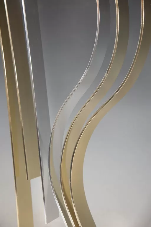 Kinetic Flame Sculpture in Brass and Chrome on Lucite Base by Dan Murphy, Signed