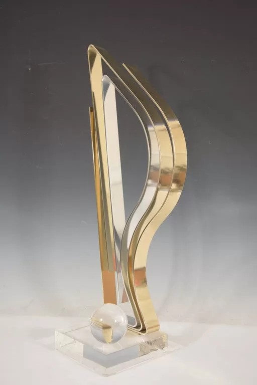 Kinetic Flame Sculpture in Brass and Chrome on Lucite Base by Dan Murphy, Signed