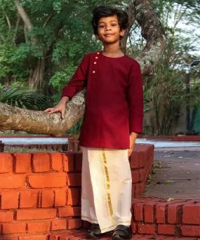 Maroon handwoven cotton flap style neck kurta