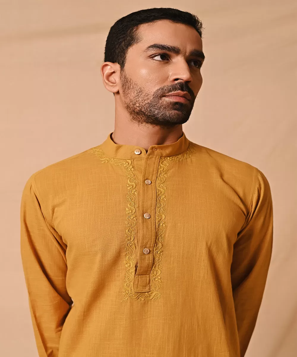 Mustard handembroidered chikankari long kurta