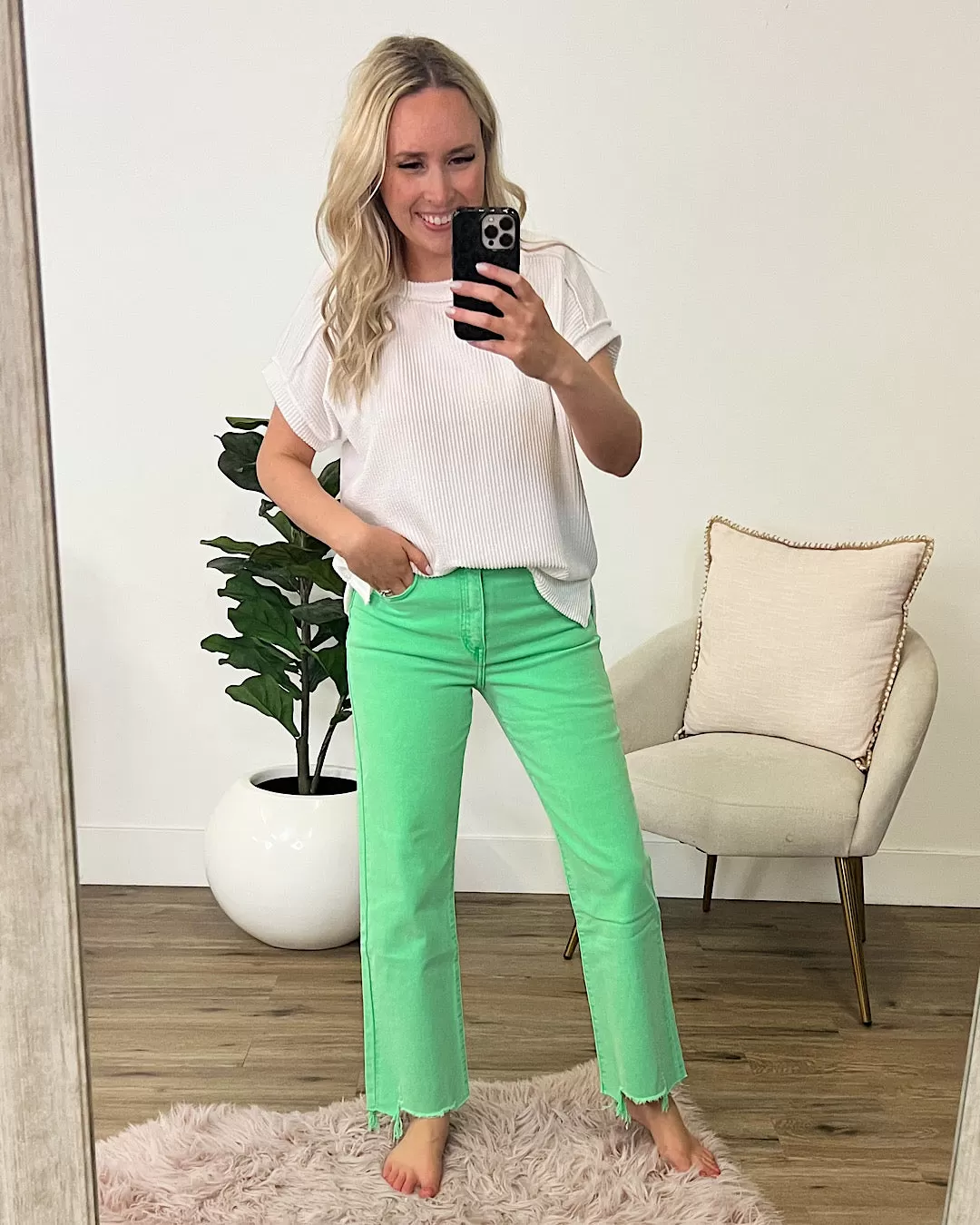 NEW! KanCan Suzanna Neon Green Chewed Hem Wide Leg Jeans