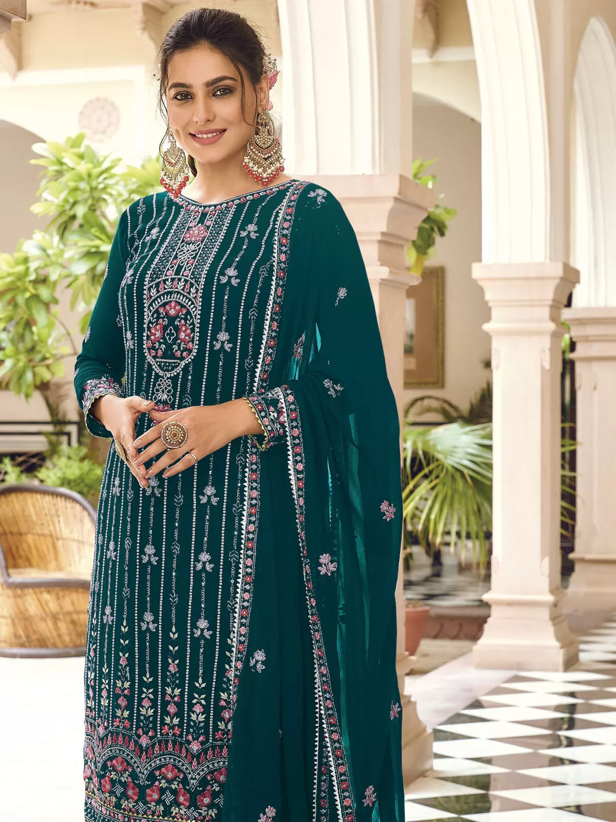 Odette Women Dark Green Faux Georgette Semi Stitched Kurta Set