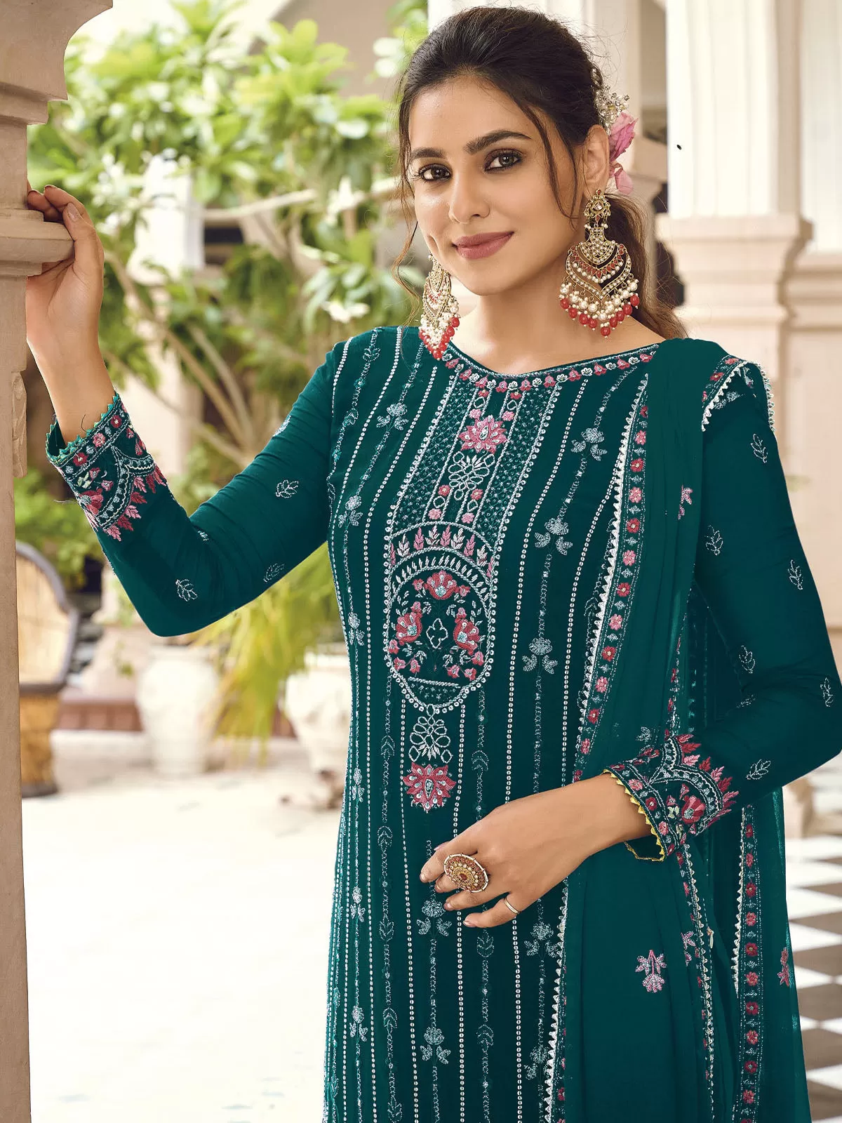 Odette Women Dark Green Faux Georgette Semi Stitched Kurta Set