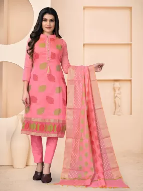 Odette Women Pink Banarasi Jacquard Wevon Designer Semi Stitched Kurta Set