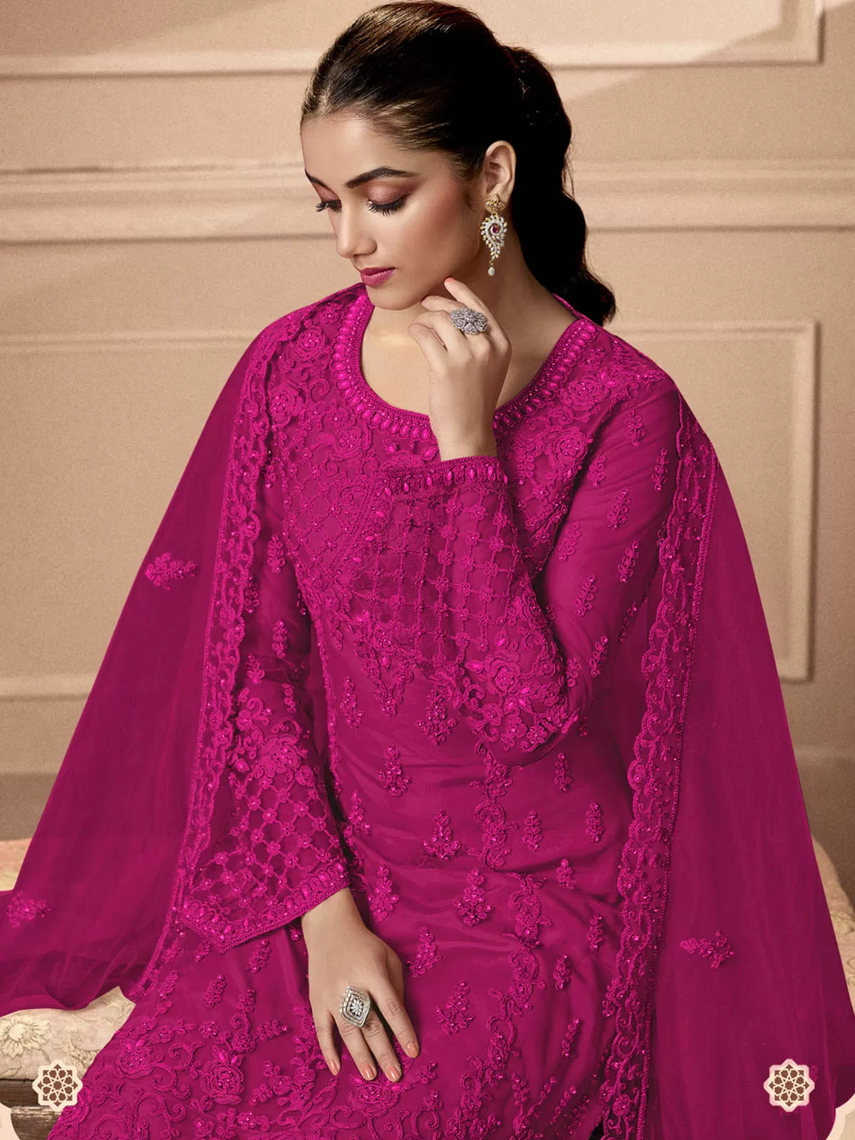 Odette Women Pink Embroidered Georgette Semi Stitched Palazo Suit