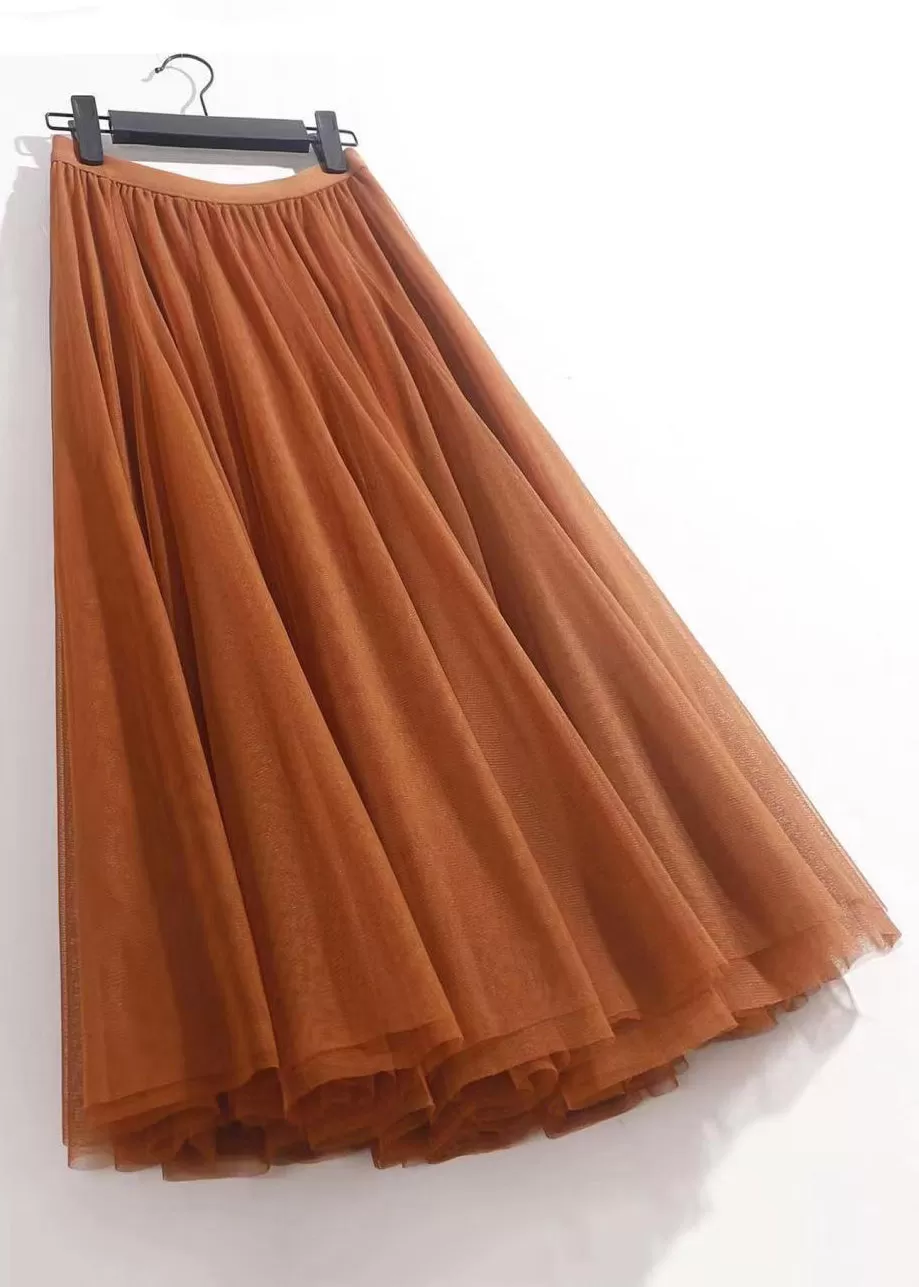 Orange Solid Wrinkled Tulle Summer Skirts High Waist AS1050