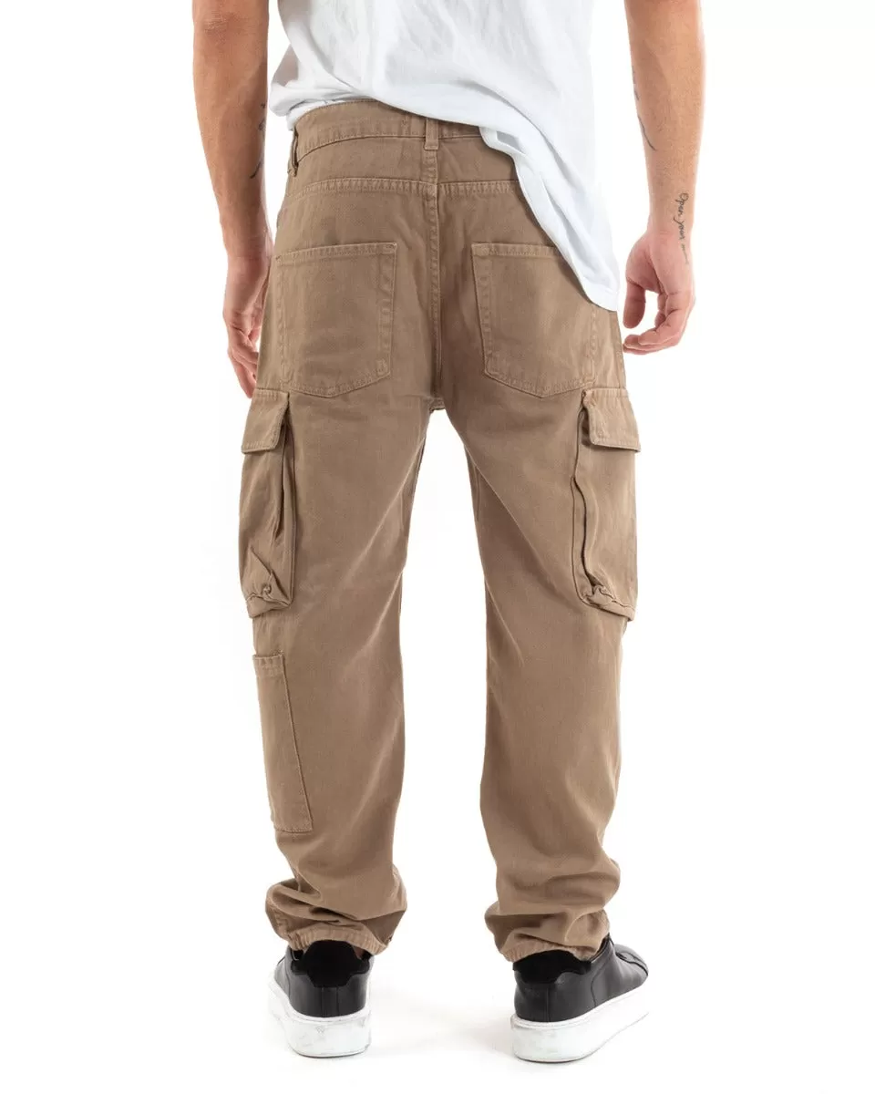 Pantaloni Jeans Uomo Straight Fit Cargo Camel Cinque Tasche Casual GIOSAL-P5550A